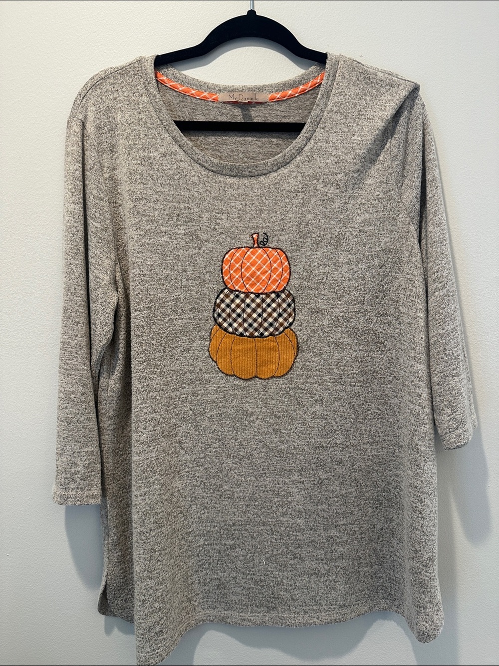 Cozy Gray Crewneck Sweater with Pumpkin Appliqué